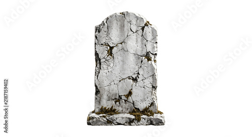 Fotografie Weathered stone headstone with deep cracks and moss growth for cemetery memorial and halloween graveyard concepts