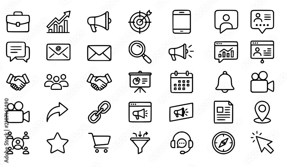 Fototapeta premium Business Marketing Social Media Digital Communication Thin Line Vector Icon Set