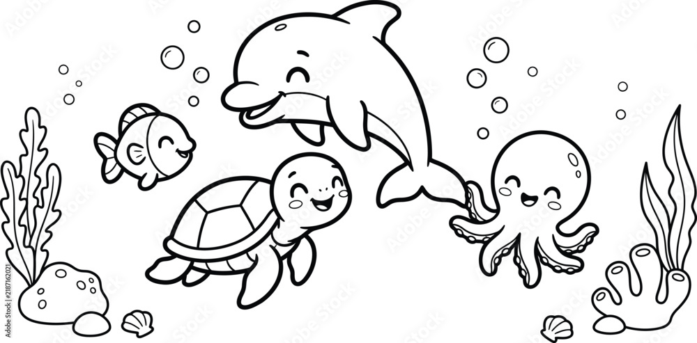 Fototapeta premium Cute underwater sea creatures illustration for a fun kids coloring book page featuring a dolphin turtle and octopus