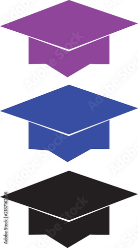 Three stacked graduation caps in purple blue and black colors with graduation
