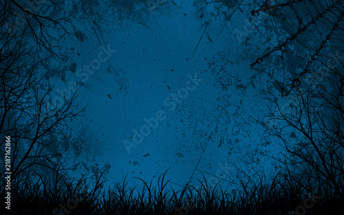 Spooky forest silhouette background with bare trees and grunge texture