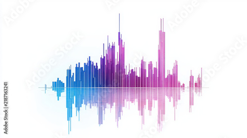 Colorful sound wave visualization with blue and pink bars reflecting on white background, representing audio data and music analysis