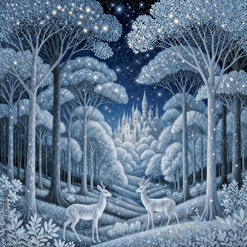 Magical Forest Landscape with Deers and Enchanted Castle Under Starry Night Sky