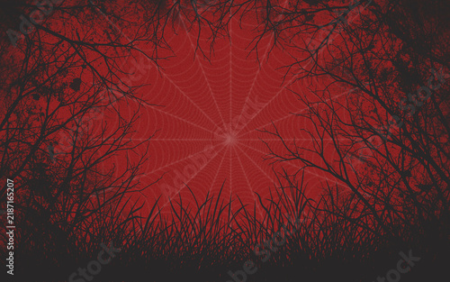 Spider web background with spooky forest branches for Halloween design