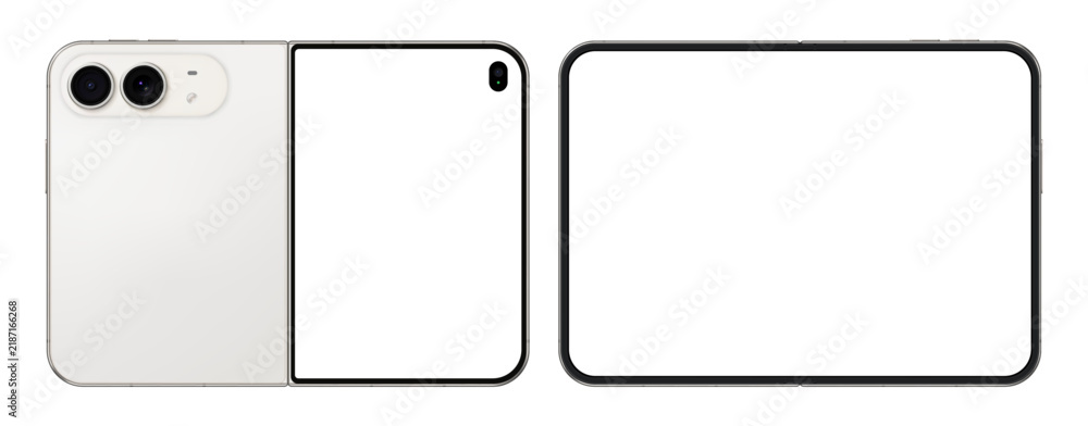 Obraz premium Detailed folded white new mobile phone mockup. Front and rear smartphone view isolated on transparent background. Vector PNG