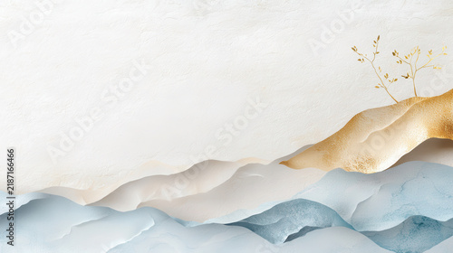 Serene abstract landscape featuring soft waves in blue and white tones, accented by golden elements and delicate foliage