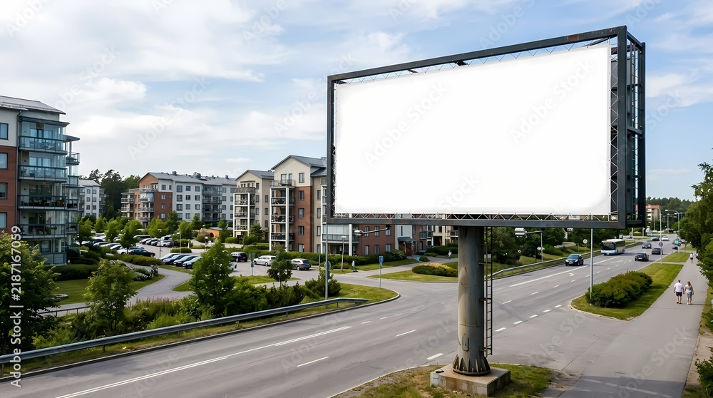 Fototapeta premium Billboard mockup photo with empty white screen by a modern residential street