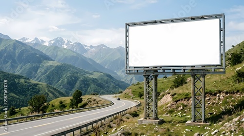 Billboard mockup photo with blank white sign beside scenic mountain highway, travel advertising concept