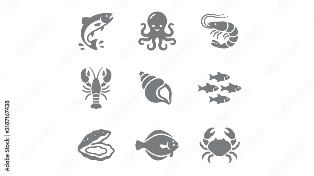 Obraz premium Seafood collection vector illustration featuring various marine animals including fish, octopus, lobster, crab, and shellfish