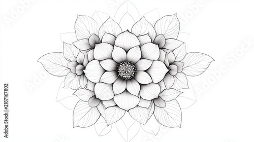 Detailed line art illustration of flower with intricate petals and leaves, showcasing elegance and beauty in monochrome design