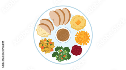 An inviting Thanksgiving food element on a plate, featuring a delicious holiday meal spread with classic dishes and gravy
