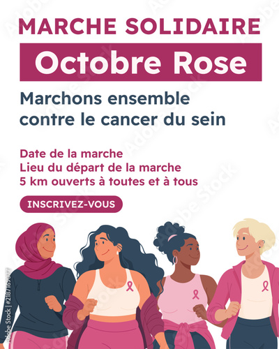 фотографія Affiche pour une marche solidaire Octobre Rose contre le cancer du sein, avec quatre femmes diverses, date, lieu, distance et bouton d’inscription