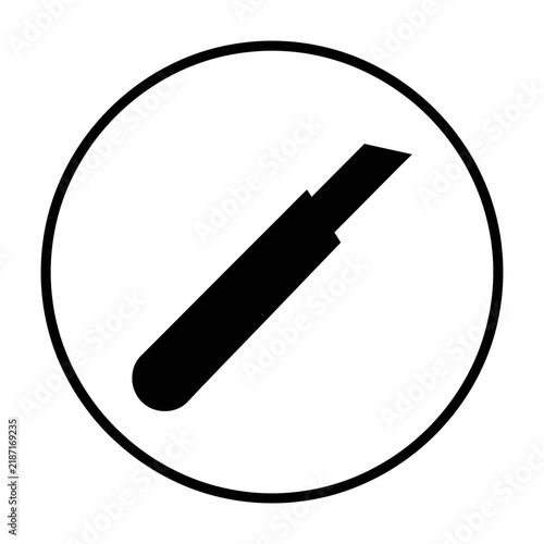 Black utility knife pictogram inside a circle on white background