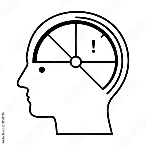 Human head with speedometer gauge indicating mental stress level