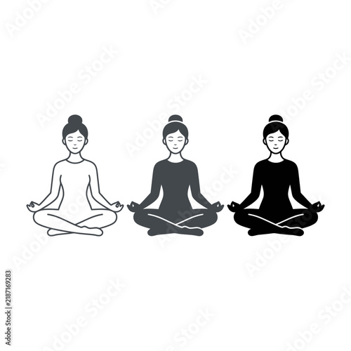 Yoga woman icons set, meditation pose, zen, mindfulness, health