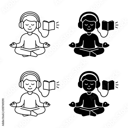Person meditating while listening to audiobook with headphones