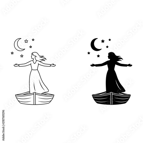 Woman on boat silhouette with night sky, moon and stars