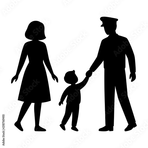 Silhouette of Military Family Walking Together With Child