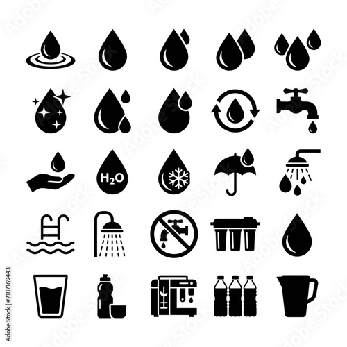 Black water icons set, drops, tap, shower, glass, bottle, filter