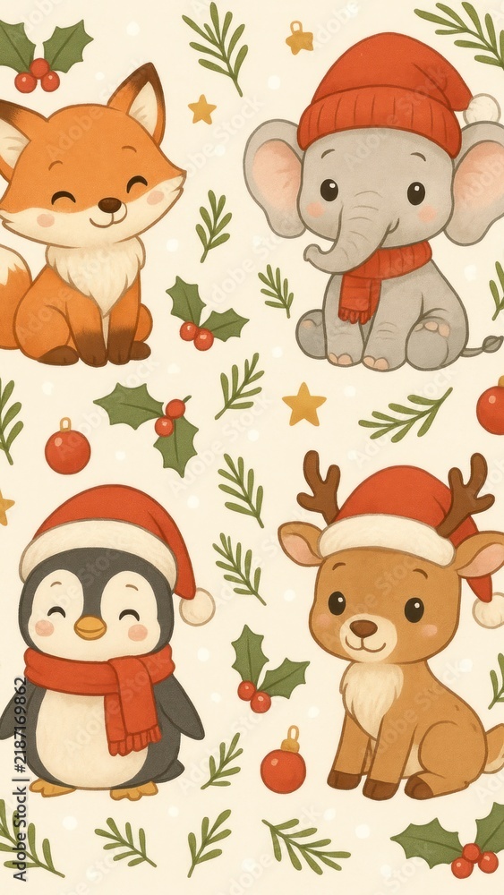 Fototapeta premium Cute festive animal illustrations mobile wallpaper