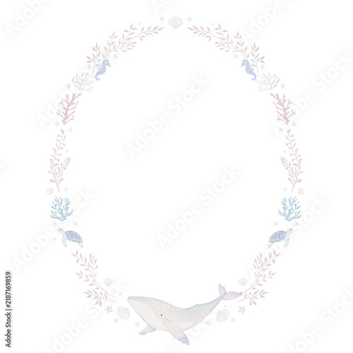 Artistic delicate watercolor floral sea frame with blue flowers and corals.