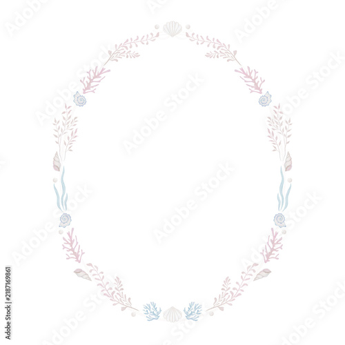 Artistic delicate watercolor floral sea frame with blue flowers and corals.