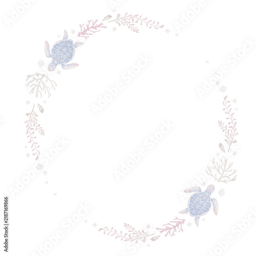 Artistic delicate watercolor floral sea frame with blue flowers and corals.