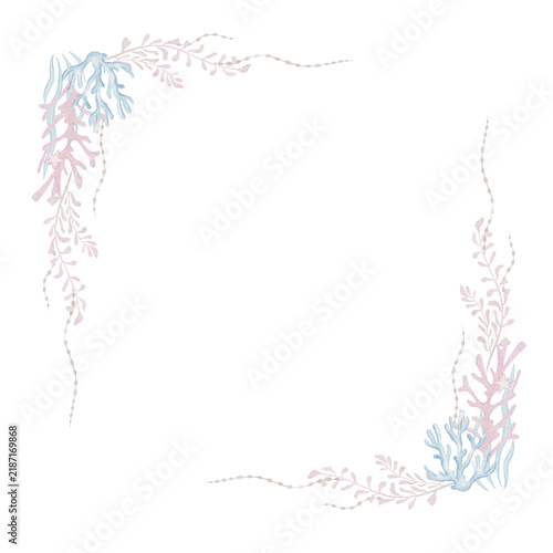 Artistic delicate watercolor floral sea frame with blue flowers and corals.