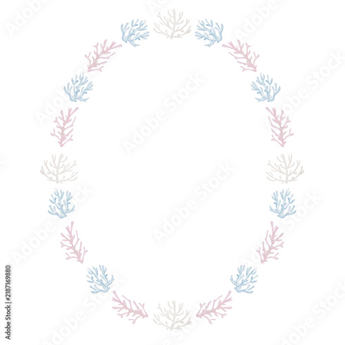 Artistic delicate watercolor floral sea frame with blue flowers and corals.