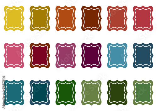 Set of colorful scalloped square frames with white inner outlines. Vintage style badge labels in earthy and jewel tones. Vector illustration isolated on white background.