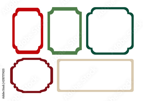 Set of five Christmas vintage decorative frames and borders in various shapes and colors. Red, green, and beige vector illustrations isolated on a white background.