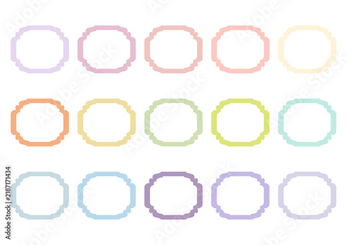 Set of fifteen pastel scalloped frames and borders. Vintage decorative ornate shapes in soft colors for labels, cards, and design. Vector illustration isolated on white.
