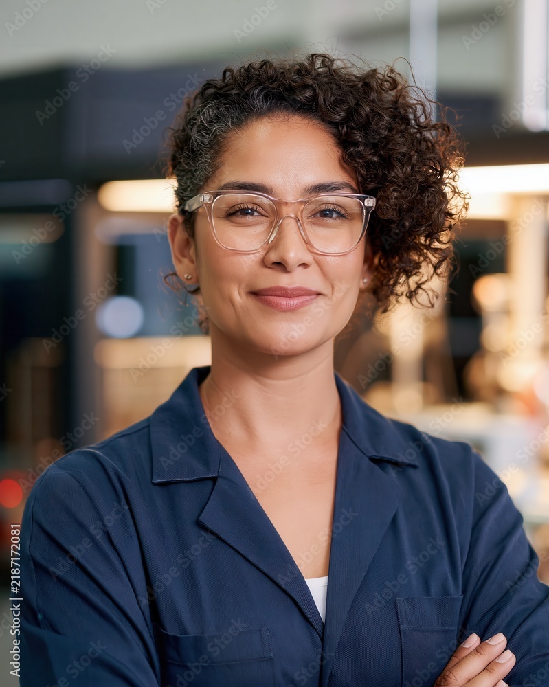 Obraz premium Confident woman with curly hair wearing clear glasses and navy blue work jacket