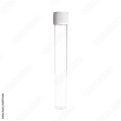 Test tube laboratory glassware empty clear glass lab vial with a white screw cap isolated on a transparent background for medical research