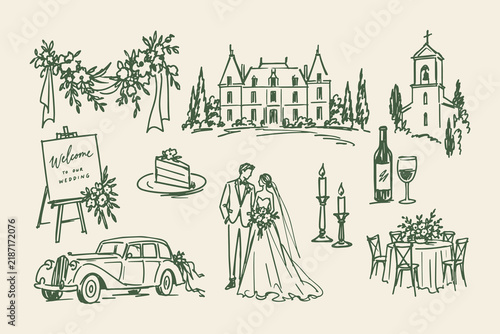Wedding Ceremony and Reception Hand Drawn Line Art Set