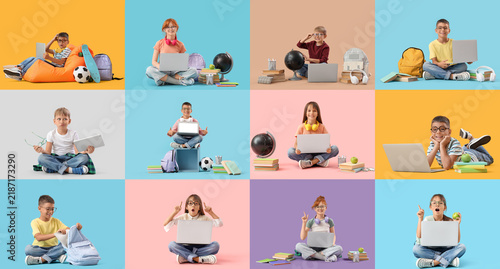 Remote learning and digital education, diverse children using laptops and tab...