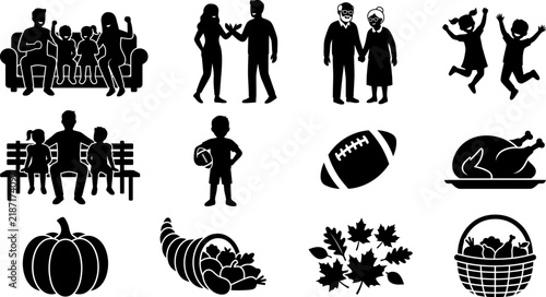 A collection of black silhouette icons representing a traditional family thanksgiving celebration with food and festive autumn holiday activities