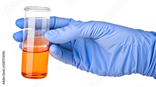 Medical worker in blue gloves holds a test tube filled with vibrant red liquid for laboratory analysis against a clean white backdrop