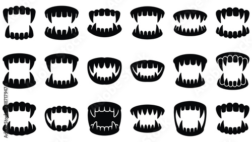 Collection of black silhouette vampire and monster teeth