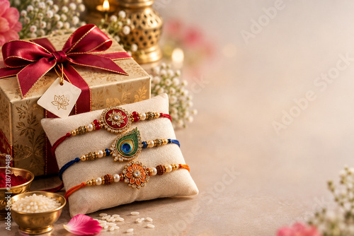 Traditional rakhi bracelets on pillow with gift box and copy space