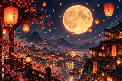 Traditional Chinese village under a full moon with glowing lanterns and cherry blossoms