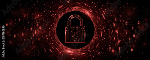 Cybersecurity vector background featuring a glowing red digital padlock with circuit board patterns at the center of a circular tunnel made of binary code, data particles and abstract tech elements.