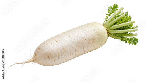 Long white daikon radish with green leafy tops, isolated on transparent background