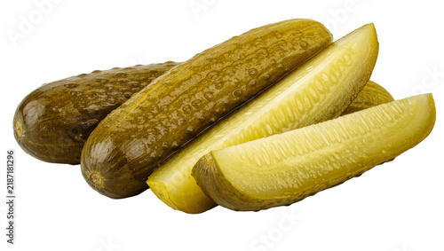 Whole and sliced dill pickles, isolated on transparent background