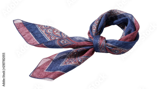 Canvastavla Blue and burgundy paisley patterned silk scarf tied in a knot, isolated on trans