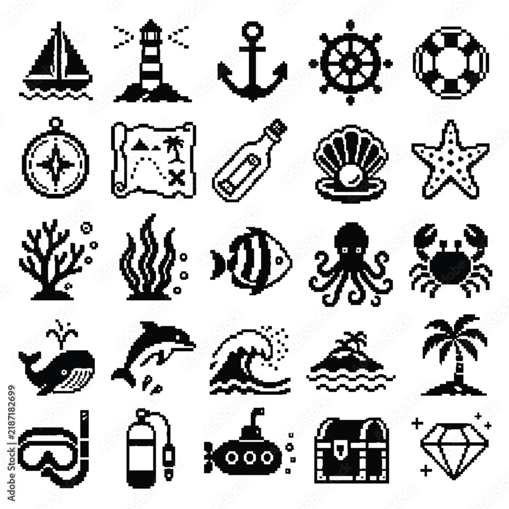 Fototapeta premium Monochrome Pixel Art Ocean Adventure and Nautical Game Icons