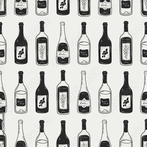Hand drawn seamless pattern with bottles of wine. Linear vintage background with alcoholic drink. Minimalist outline beverage design for poster, print, menu, packaging, wrapping paper, wall art