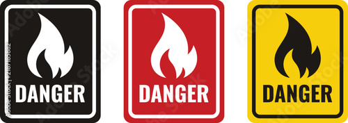 Set of Fire Hazard Danger Warning Signs with Flame Symbols in Red Black and Yellow for Industrial Safety and Workplace Security Protocols