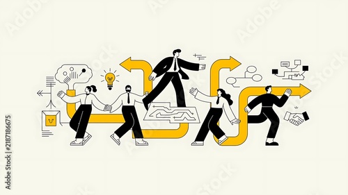 Minimalist, black-and-white characters with yellow partnership, team vision, team leader, roadmap, Team workflow, brainstorming, and productivity on white background