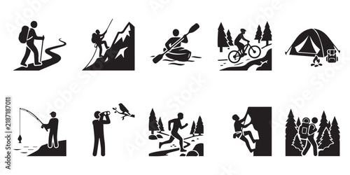 Set of black silhouette outdoor adventure icons depicting hiking climbing kayaking and camping activities. A collection of minimalist vector icons representing various outdoor sports and wilderness 